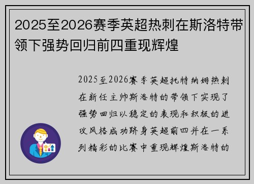 2025至2026赛季英超热刺在斯洛特带领下强势回归前四重现辉煌