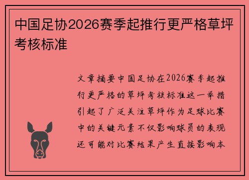 中国足协2026赛季起推行更严格草坪考核标准